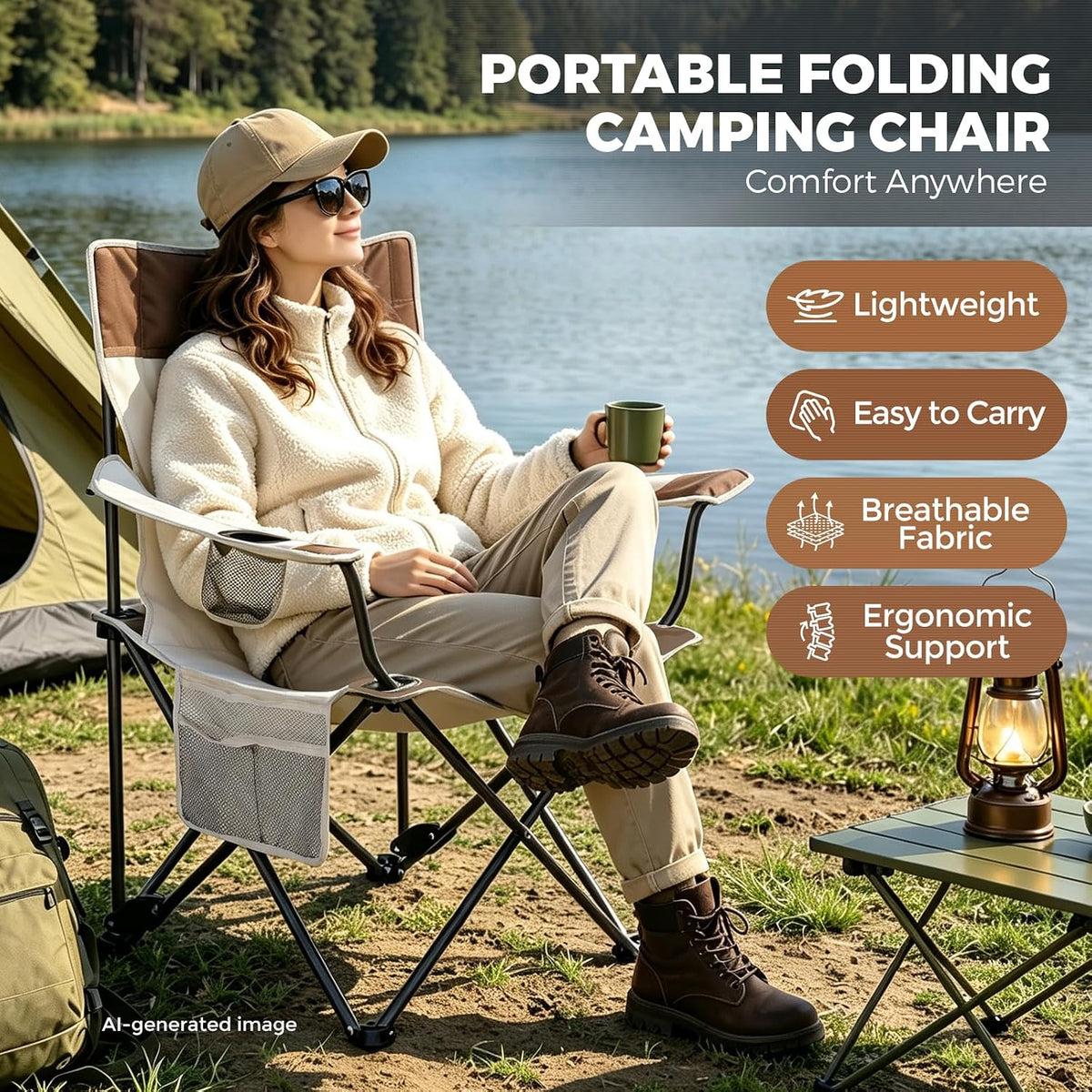 Camping Chairs 2Pack Beach Outdoor Chair for Adults Folding Lawn Chair with Cup Holder, Adjustable Backrest and Carry Bag for Tailgating, Beach, Fishing（Beige）