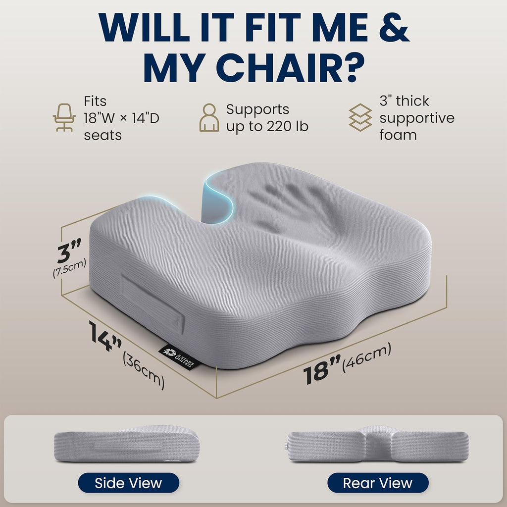 5 STARS UNITED Seat Cushion - Memory Foam Chair Cushion for Tailbone Pain Relief - Ergonomic Support for Coccyx, Sciatica & Butt - Office, Desk & Gaming Chair, Car Seat, Wheelchair, Airplane, L Gray