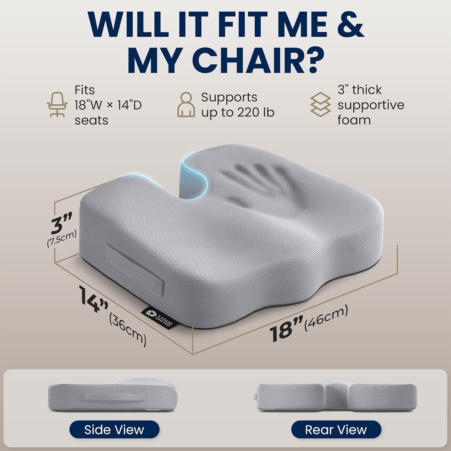 5 STARS UNITED Seat Cushion - Memory Foam Chair Cushion for Tailbone Pain Relief - Ergonomic Support for Coccyx, Sciatica & Butt - Office, Desk & Gaming Chair, Car Seat, Wheelchair, Airplane, L Gray