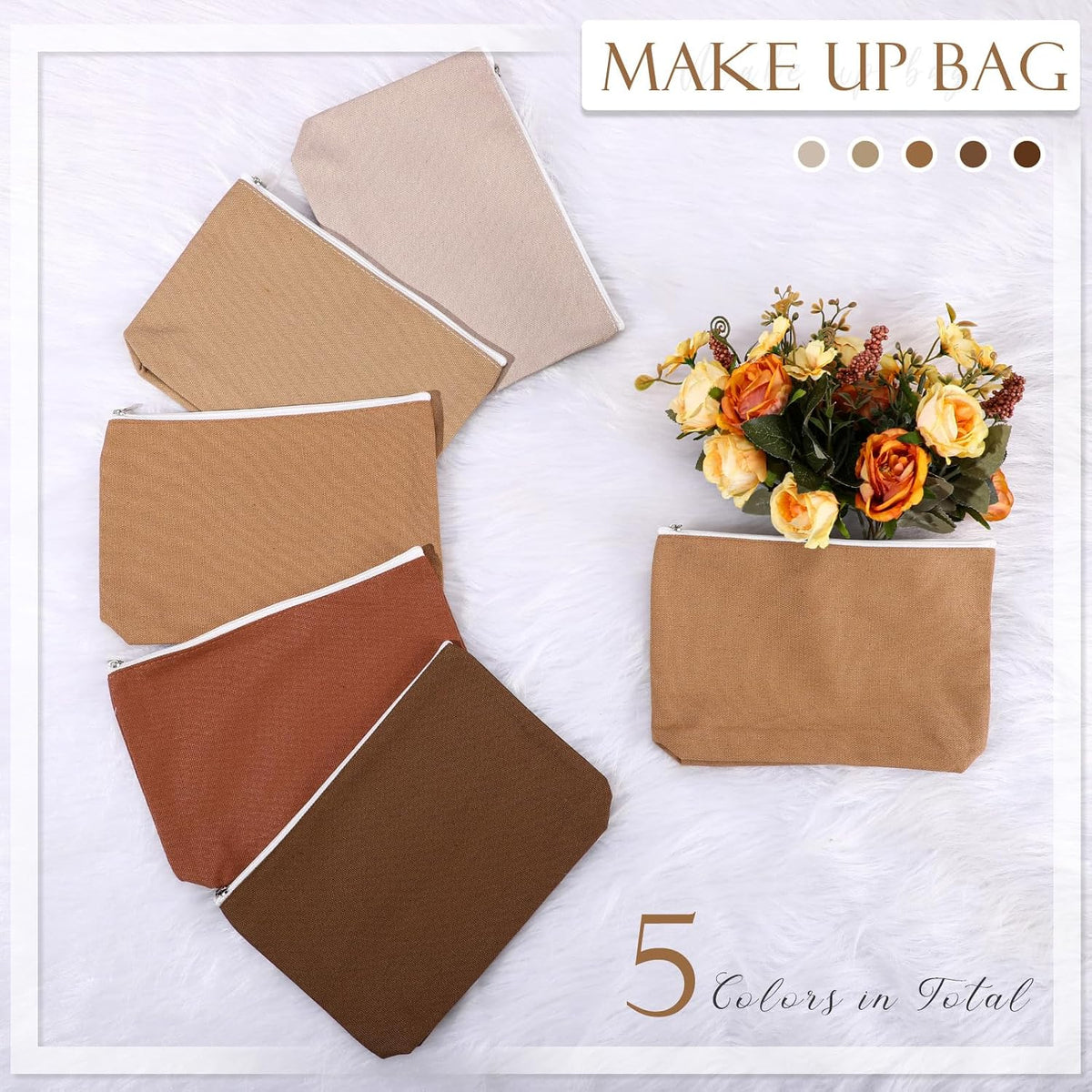 Reginary 10 Pcs Canvas Makeup Bags Bulk Blank Cosmetic Bags,Brown