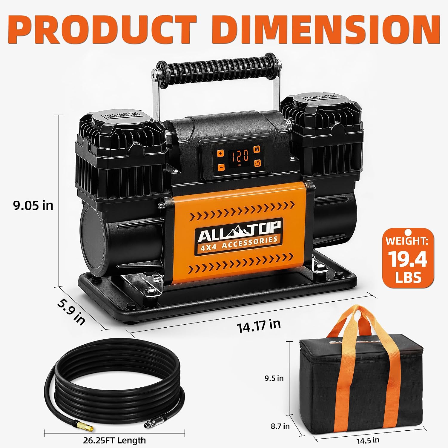 ALL-TOP 12V Air Compressor w/LCD Control Panel to Preset Target Pressure, 150PSI 12.35CFM Air Pump Inflator for Overland (Dual Cylinder)