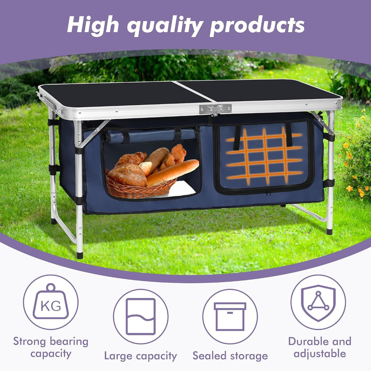 Camp Field Camping Folding Aluminum Table with Adjustable Legs for Outdoor Travel Beach, Backyards, BBQ, Party and Picnic Foldable Table
