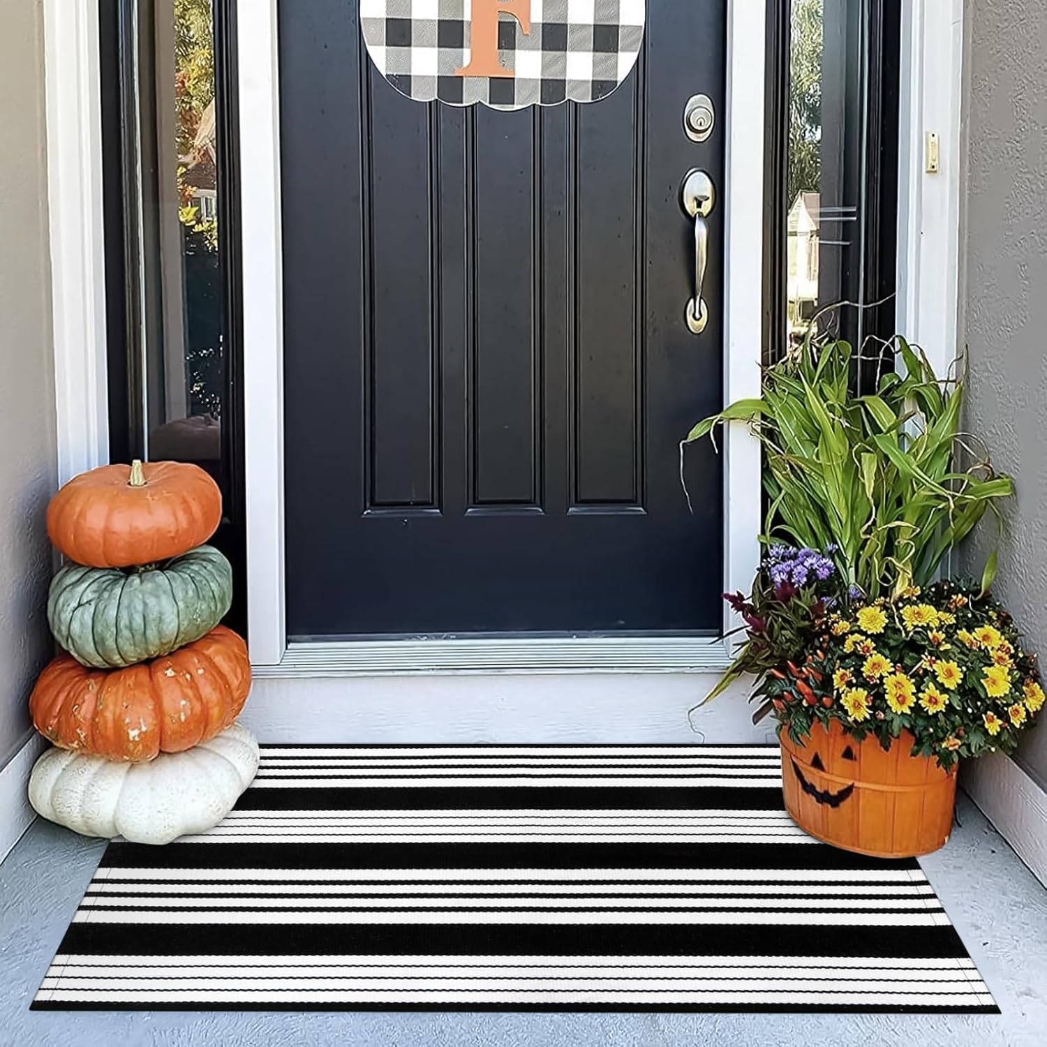 OJIA Black and White Outdoor Rug 24"x51" Halloween Door Mat Fall Porch Rugs