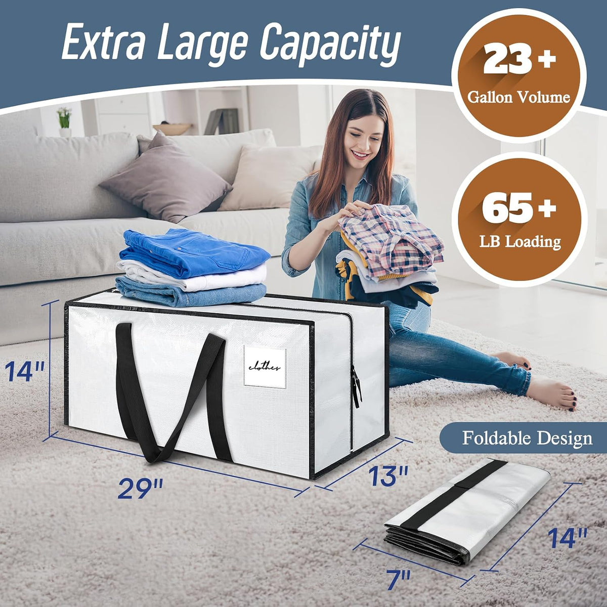 6 Pack Extra Heavy Duty Large Moving Bags with Strong Zipper, White