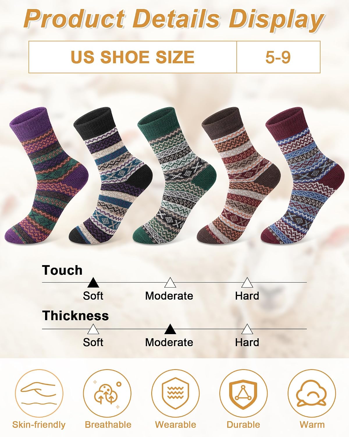 Senker Fashion Wool Socks for Women, 5 Pairs Winter Warm Crew Boot Socks