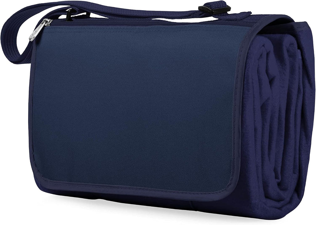 PICNIC TIME Outdoor Picnic Blanket Tote, 59"x51" Foldable Beach & Camping Blanket with Soft Fleece, Water-Resistant Bottom, Adjustable Strap & Zippered Pocket (Navy Blue with Blue Flap)