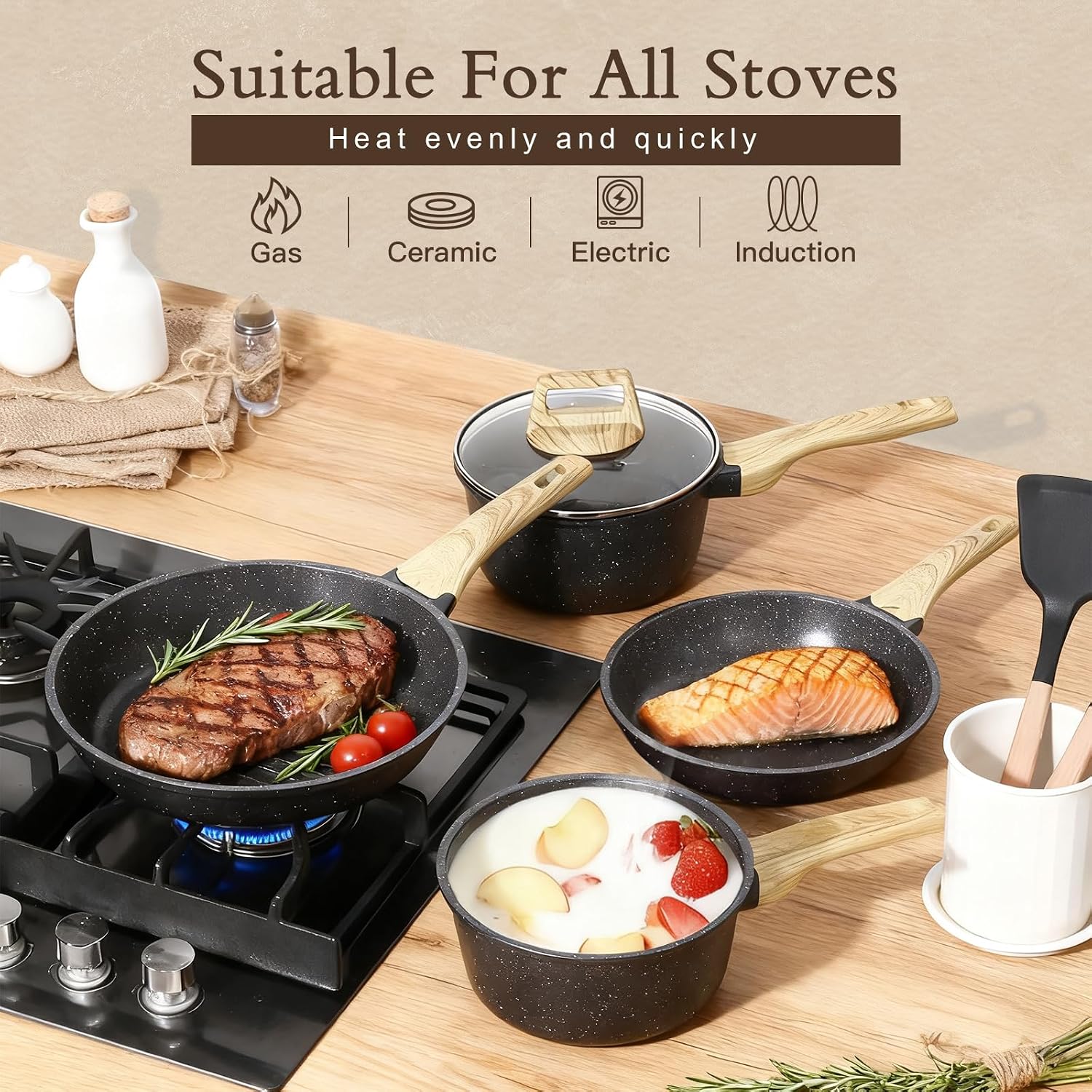 GiPP Ceramic Pots and Pans Set Non Stick - 17 Pcs Nonstick Cookware Set, Non-toxic Healthy Kitchen Cooking Set w/Frying Pans Set, Dishwasher Safe, PFAS PTFE PFOA PFOS Free, Dark Gray