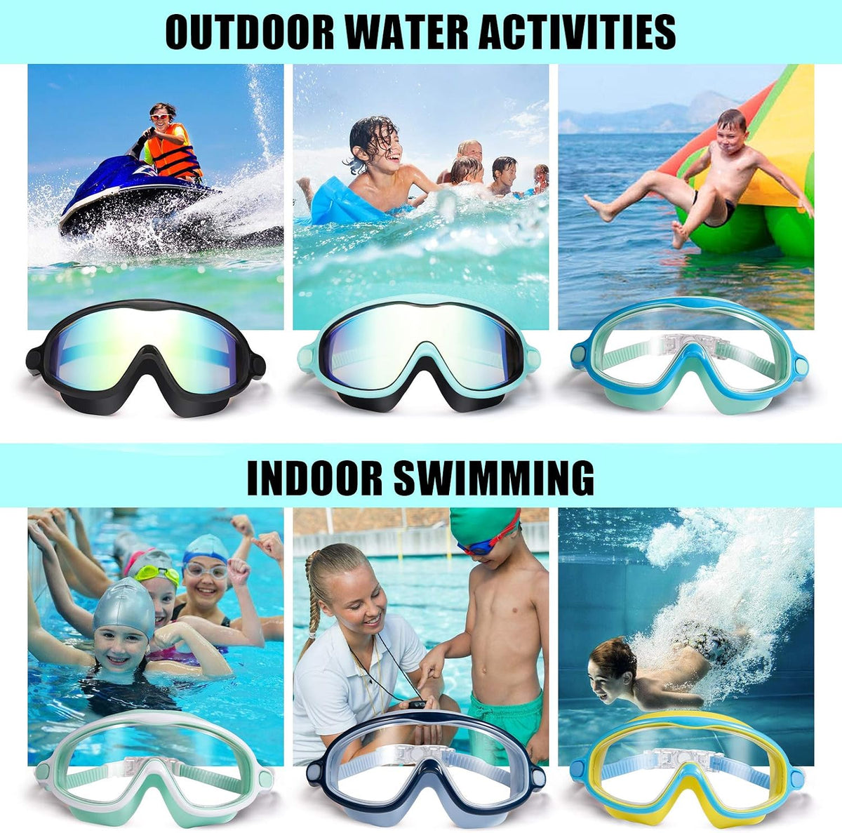 Seago Swim Goggles for Kids 3-14 Anti-Fog & UV Wide Clear View Boys Girls