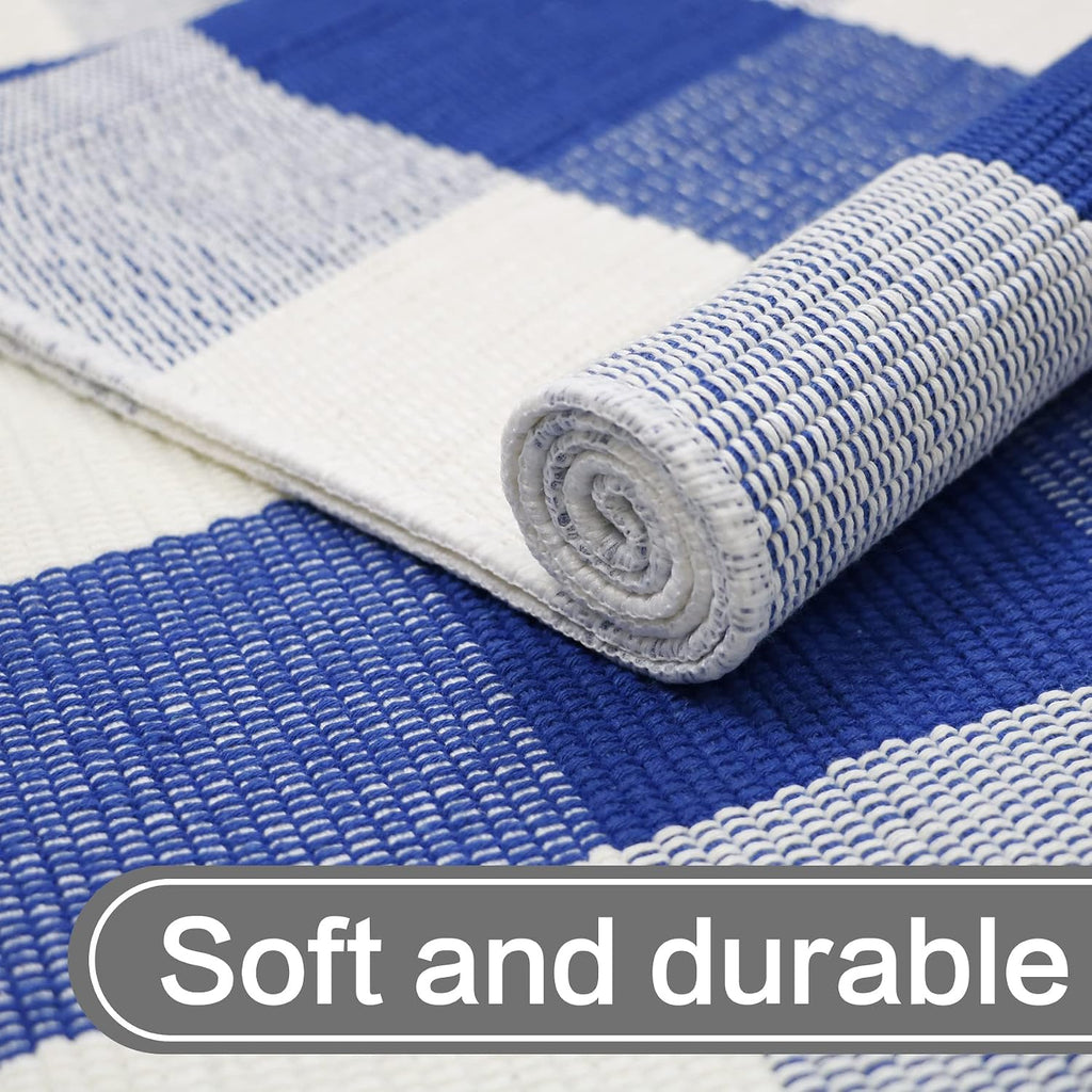 MUBIN Cotton Buffalo Plaid Rug, 3' x 5' Blue White Outdoor Rug Front Door Decorative Mat, Washable Doormat Hand-Woven Foldable Area Rug Layered Door Mats Rug for Front Porch, Entryway, Patio