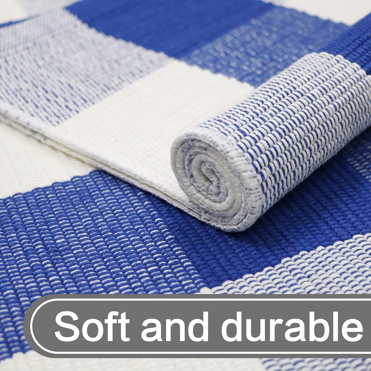 MUBIN Cotton Buffalo Plaid Rug, 3' x 5' Blue White Outdoor Rug Front Door Decorative Mat, Washable Doormat Hand-Woven Foldable Area Rug Layered Door Mats Rug for Front Porch, Entryway, Patio
