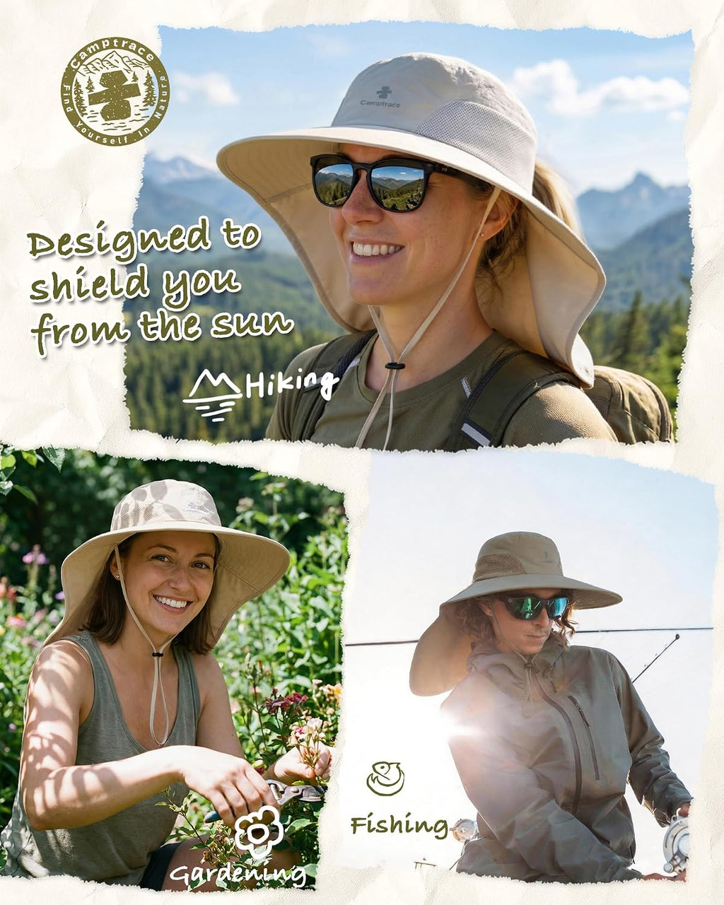 Camptrace Sun Hats for Women Men with Neck Flap UV Protection Wide Shade