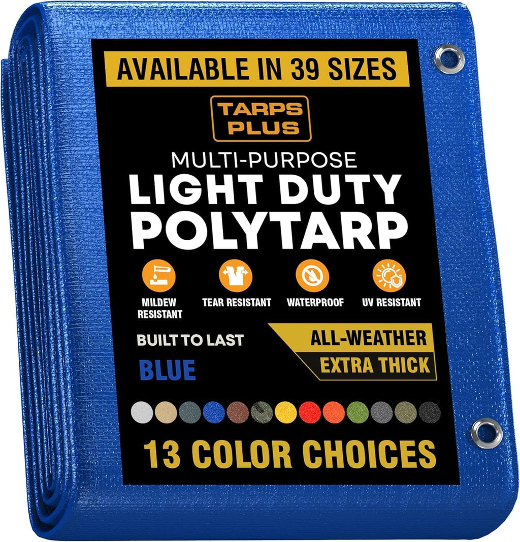 TarpsPlus Light-Duty 6 Mil Poly Tarps, Waterproof & Tear Resistant Temporary Cover, Multi-Purpose Tarp for Cars, Garden, Equipment, Camping & Outdoor Use, Blue 20' x 20'
