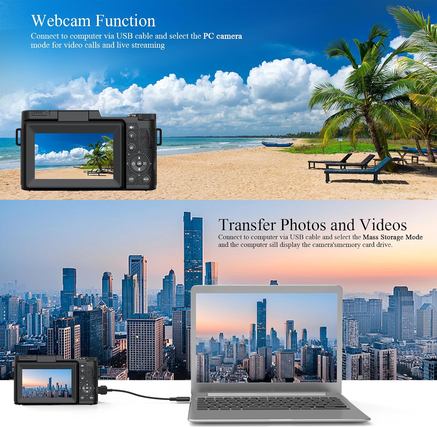 5K Digital Camera for Photography 64MP Auto-Focus Vlogging Camera for YouTube 3" 180° Flip Screen Compact Travel 18X Digital Zoom, Anti-Shake 2 Batteries & 32GB TF Card