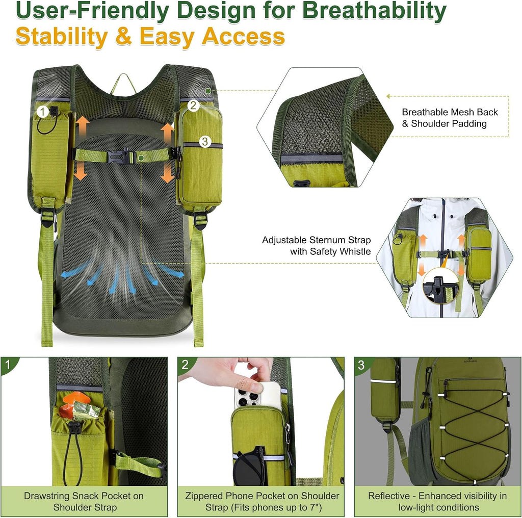 BECOJADDE Hiking Backpack 15L Small Backpack Packable Day pack Water Resistant Lightweight Travel Backpack for Women Men with Shoulder Strap Pockets for Hiking Camping Outdoor, Green
