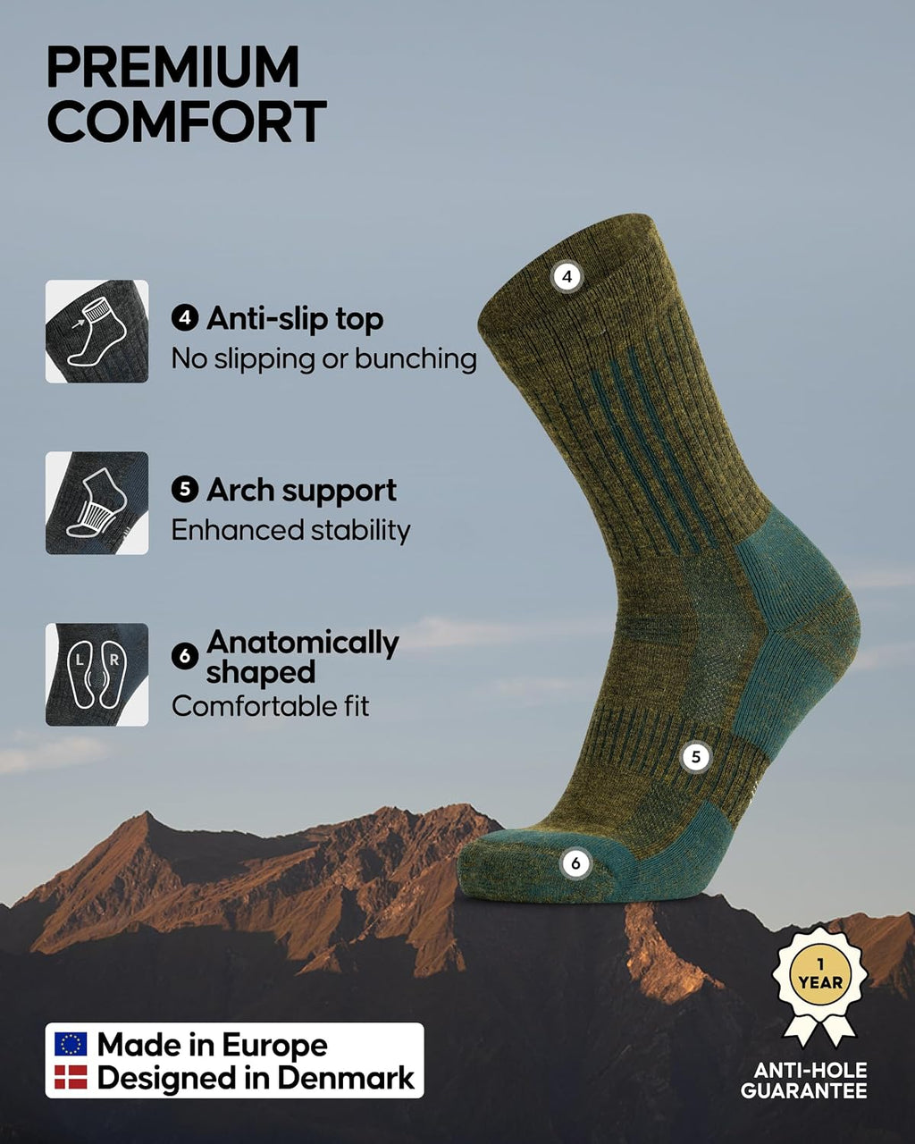 DANISH ENDURANCE Merino Wool Premium Hiking Socks, Thermal, 3-Pack