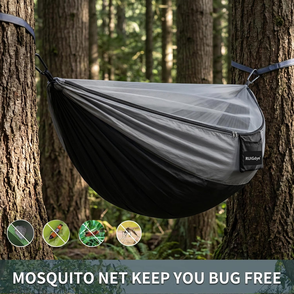 Camping Hammock with Mosquito Net, 650 lbs Portable Hammock with Tree Straps, Parachute Nylon Hammock, 2-in-1 Double/Single Travel Hammock Tent for Outside、Indoor、Backpacking、Beach - Black & Grey
