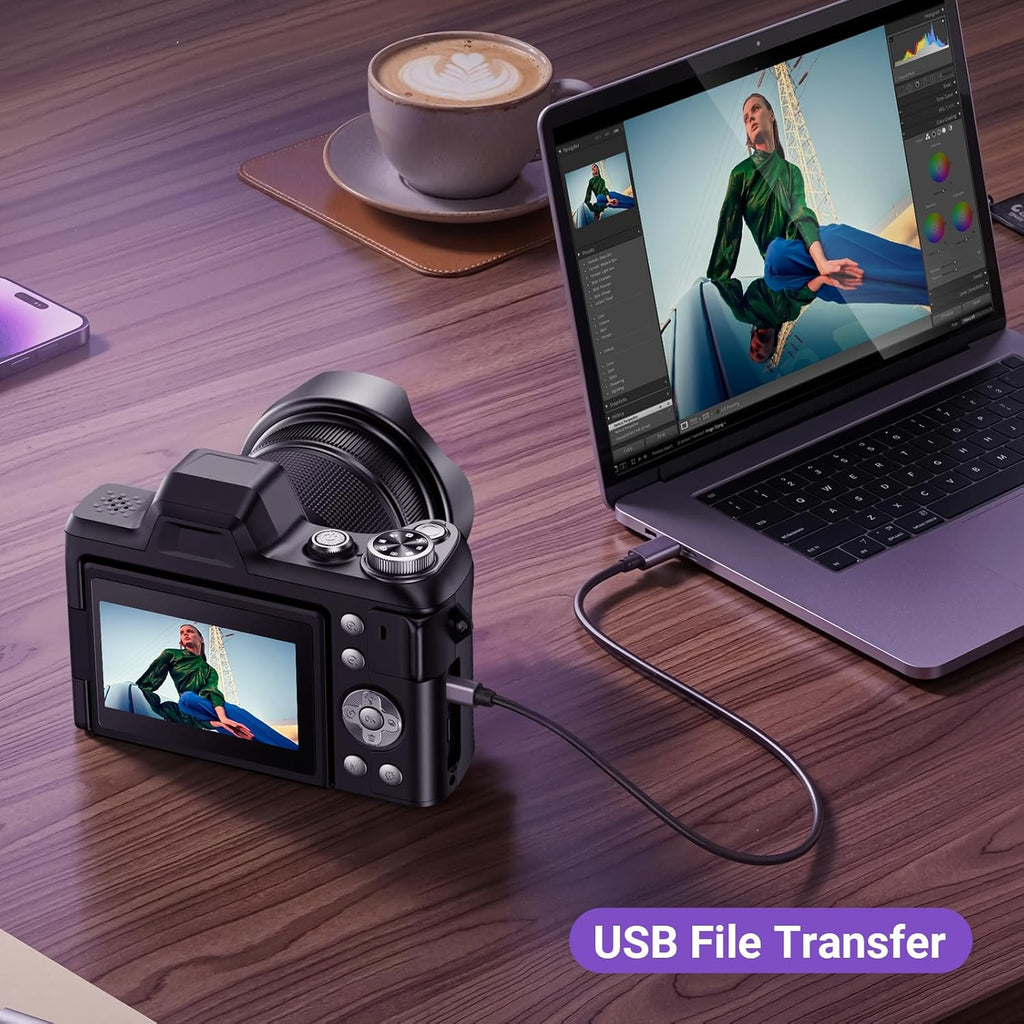 4K Digital Camera for Photography, 56MP Autofocus Vlogging Camera for YouTube Travel, 3" 180°Flip Screen & Lens Hood 16X Zoom, 32GB SD Card for Teens & Beginners