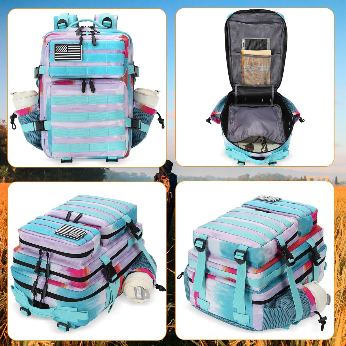 Lovelinks21 25L Tactical Military Backpack Small Travel Backpack for Men and Women Assault Pack Bug Out Bag Molle Daypack Gym Backpack with Bottle Holder (Rainbow Tie Dye)