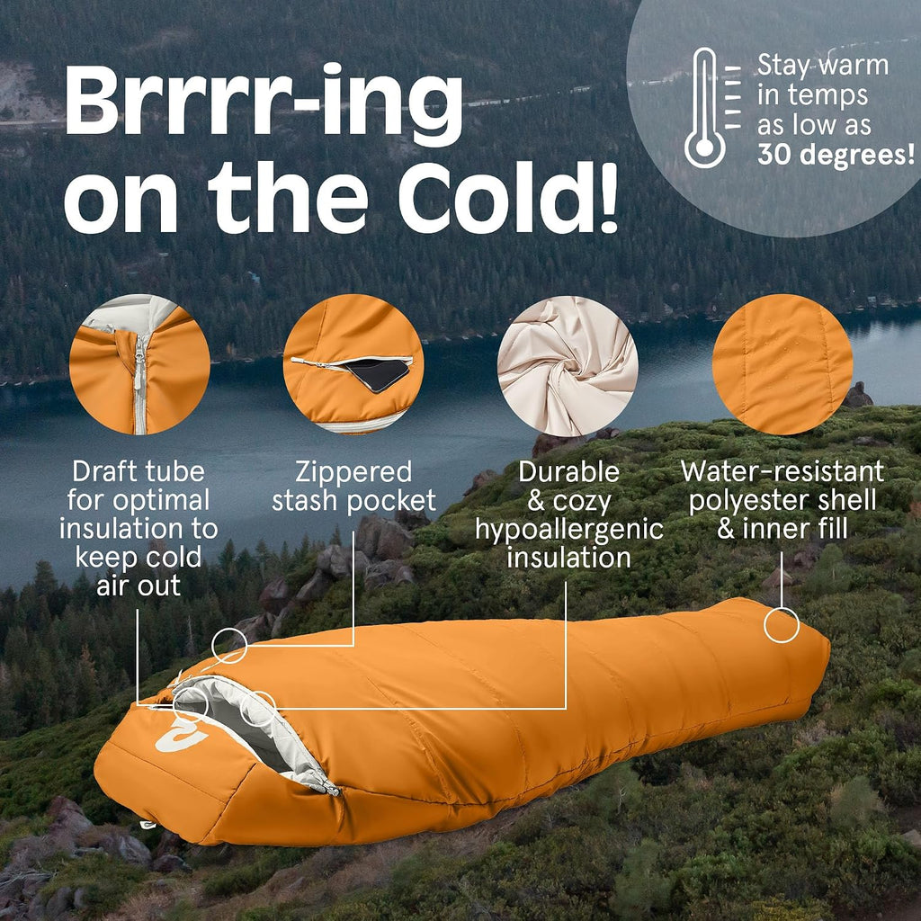 Retrospec Dream Mummy Sleeping Bag - 5, 15, & 30°F Cold Weather Camping & Travel Essential Gear with Water - Resistant Shell & Synthetic Fill - Zippered Pocket & Stuff Sack