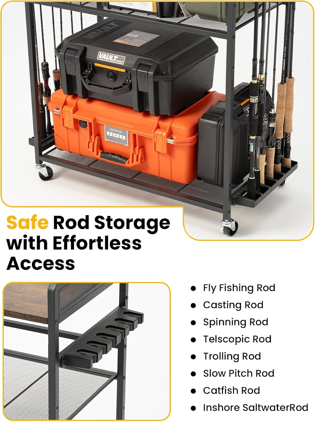 SOYEEZE Fishing Rod Holders for Garage,Fishing Gear Holder for Fishing Rod Tackle Box Storage，Fishing Pole Holders for 12 Rods with Hooks and Pegboard,Fishing Cart with Reel Rack, Large Size