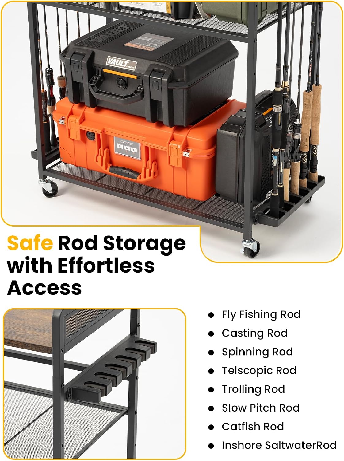 SOYEEZE Fishing Rod Holders for Garage,Fishing Gear Holder for Fishing Rod Tackle Box Storage，Fishing Pole Holders for 12 Rods with Hooks and Pegboard,Fishing Cart with Reel Rack, Large Size