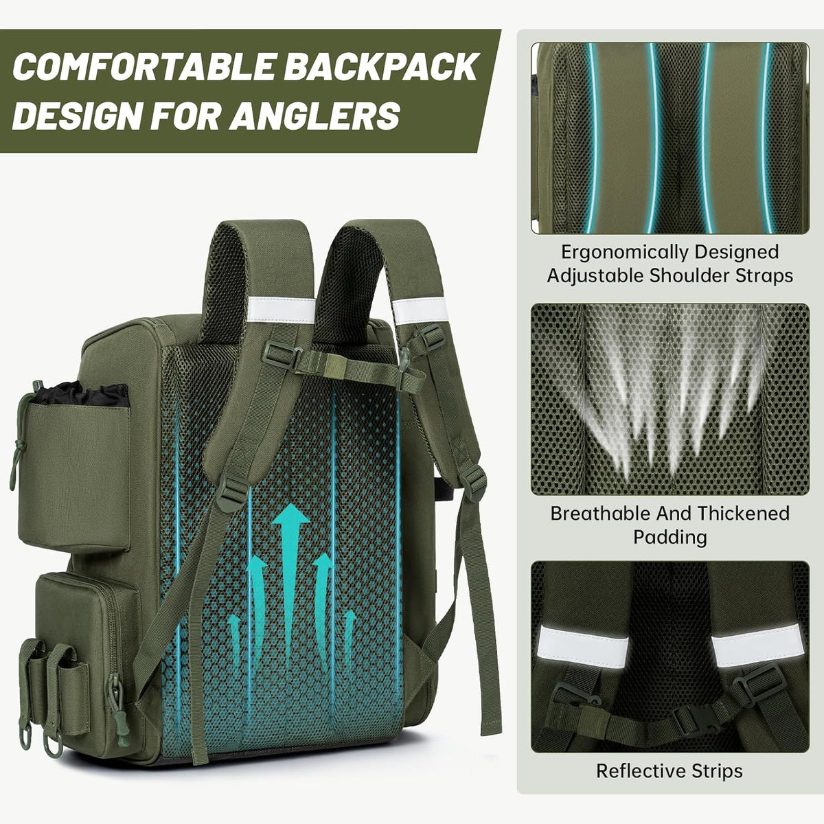 40L Tackle Fishing Backpack with 2 Rod Holders, Water Resistant