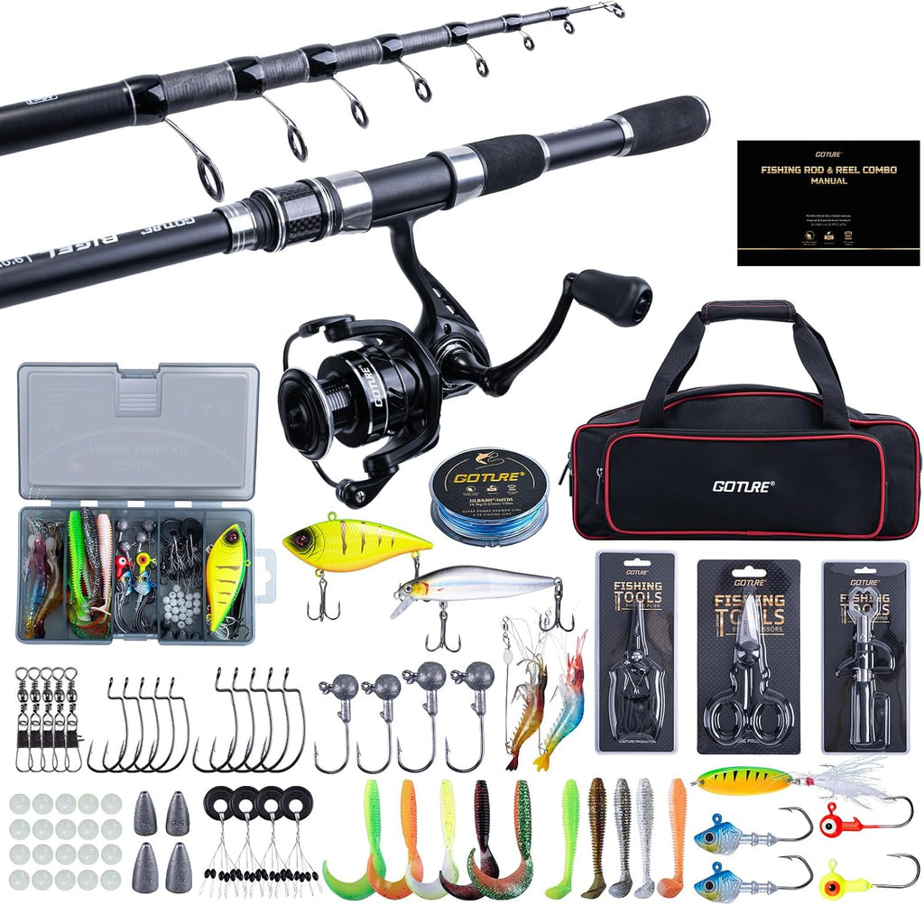 Goture Fishing Rod and Reel Combo, Red Telescopic Fishing Pole with Full Starter Kit & Carrier Bag, Portable 24T Travel Spinning Rod for Bass Trout, Freshwater Beginners Gift
