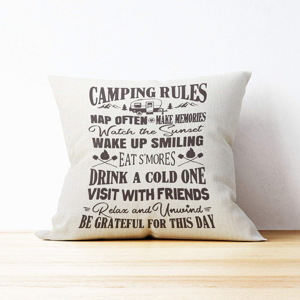 Mancheng-zi Camping Rules RV Pillows Throw Pillow Case, Travel Trailer Pillows, RV Pillow Covers, 18 x 18 Inch Decorative Cotton Linen Cushion Cover for Sofa Couch Bed