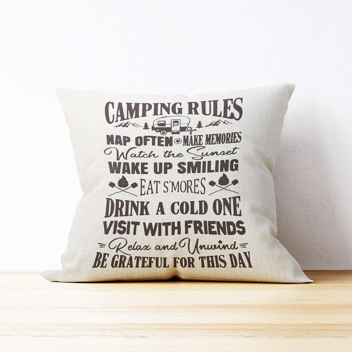 Mancheng-zi Camping Rules RV Pillows Throw Pillow Case, Travel Trailer Pillows, RV Pillow Covers, 18 x 18 Inch Decorative Cotton Linen Cushion Cover for Sofa Couch Bed