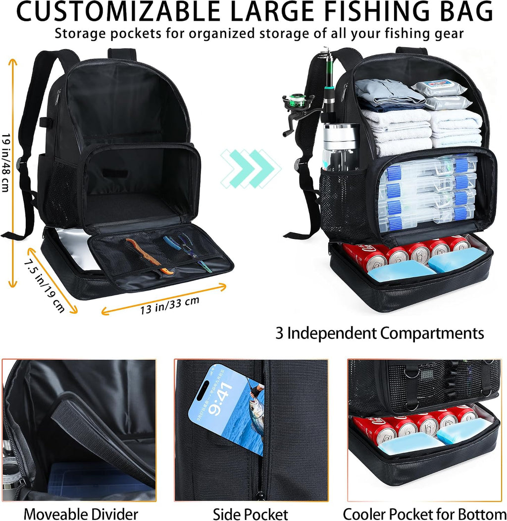 Fishing Backpack with Tackle Boxes and Rod Holder, Cooler, 30L Large Tackle Bag with Fishing Gear Lures Kit, Waterproof Bottom tackle Backpack Fish Set Gifts for Men Women-Black Back Pack