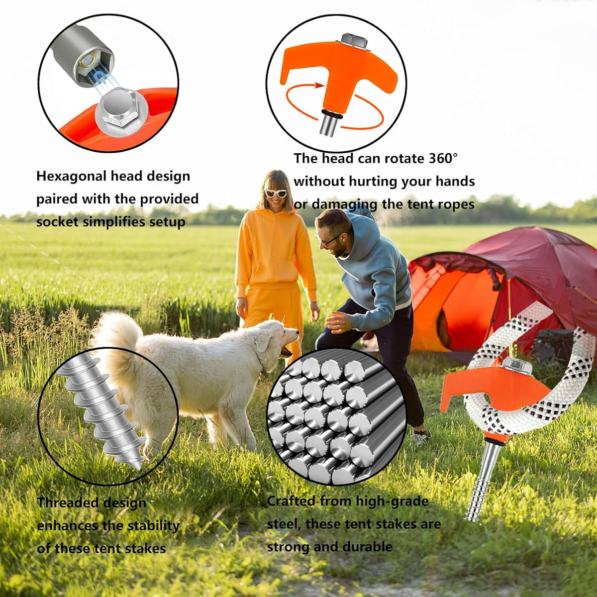 8" Heavy Duty Screw in Tent Stakes 12 Pack Drill in Ground Anchors