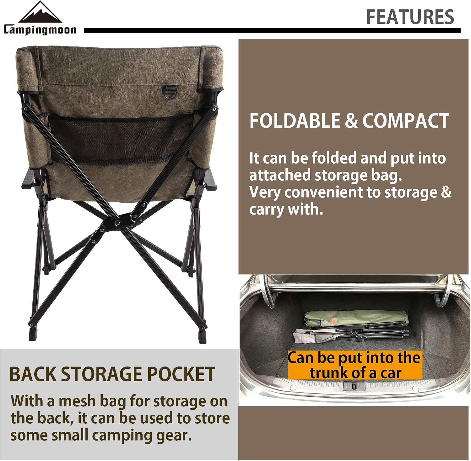 CAMPINGMOON Foldable Cotton Canvas Campfire Bonfire Open Fire Pits Camping Chair Low Style Chair Khaki F-1003C-K