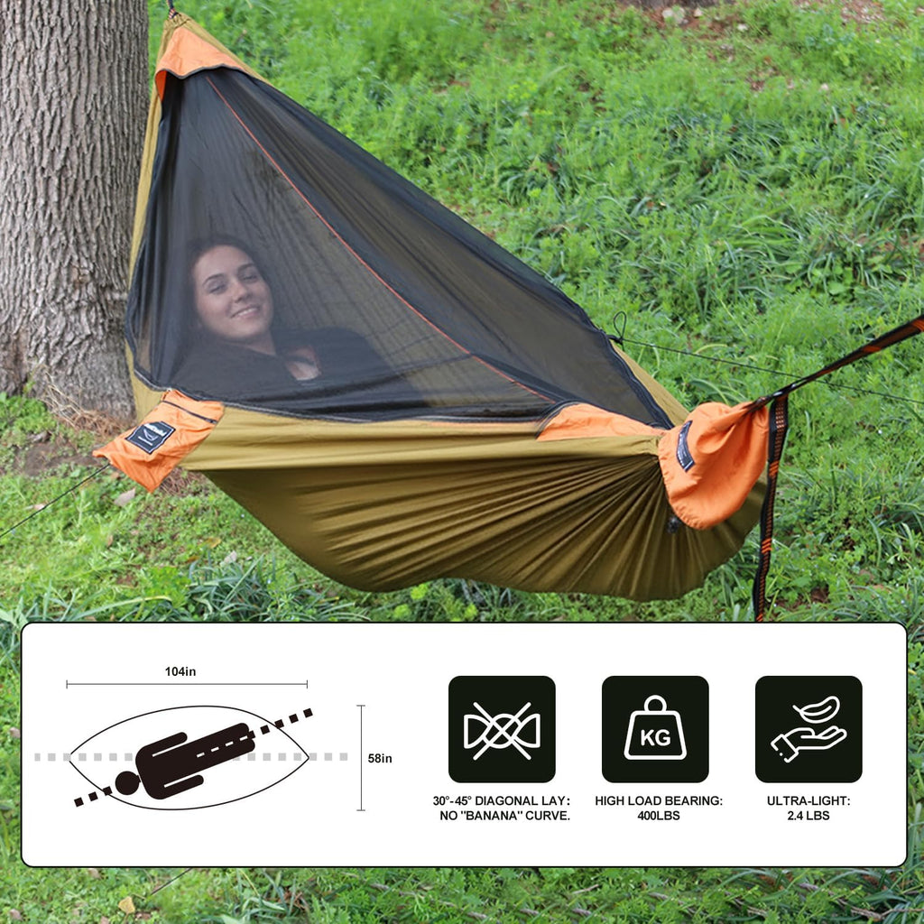 Camping Hammock with Integrated Mosquito Net, Ultralight Backpacking Hammock with Tree Straps & End-Aligned Stuff Sack, 210T Parachute Nylon Single Outdoor Portable Hammock-Olive Green & Orange
