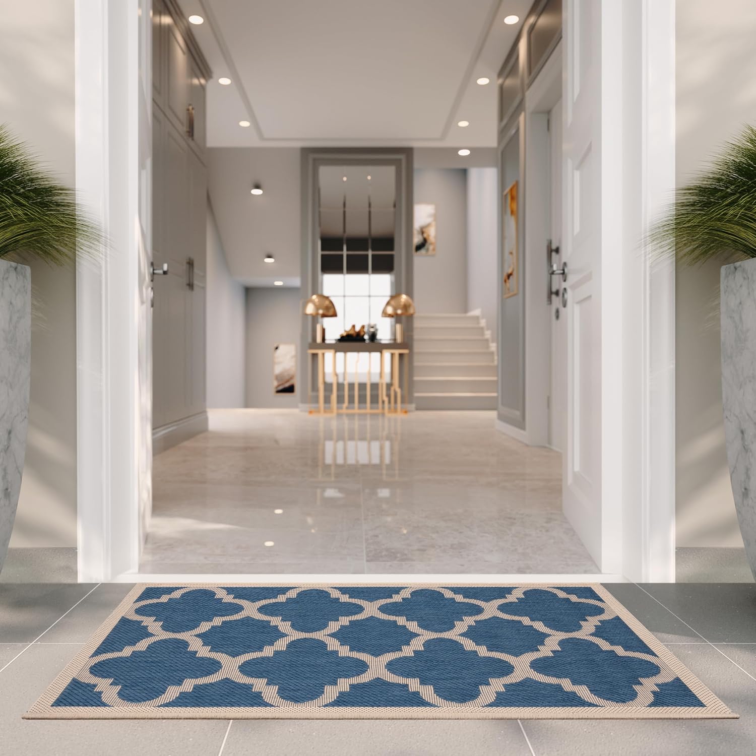 SAFAVIEH Washable Rug Outdoor Courtyard Collection - 2' x 3'7", Blue & Beige, Non-Shedding & Easy Cleaning, Ideal for Patio, Front Door, Entryway, Doormat (CY6243-243)