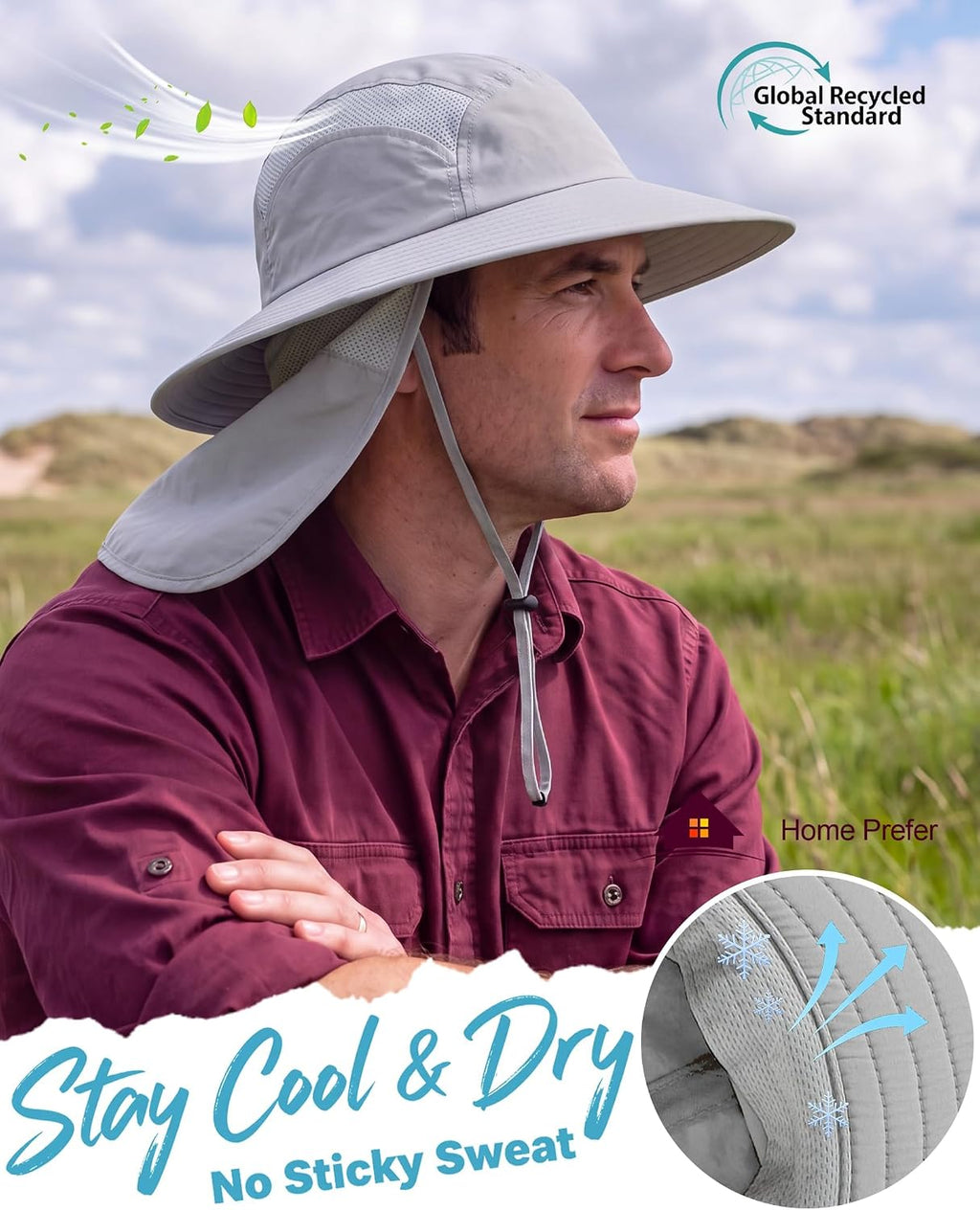 Home Prefer UPF 50+ Sun Hat with Neck Flap Wide Brim Fishing Hat for Men