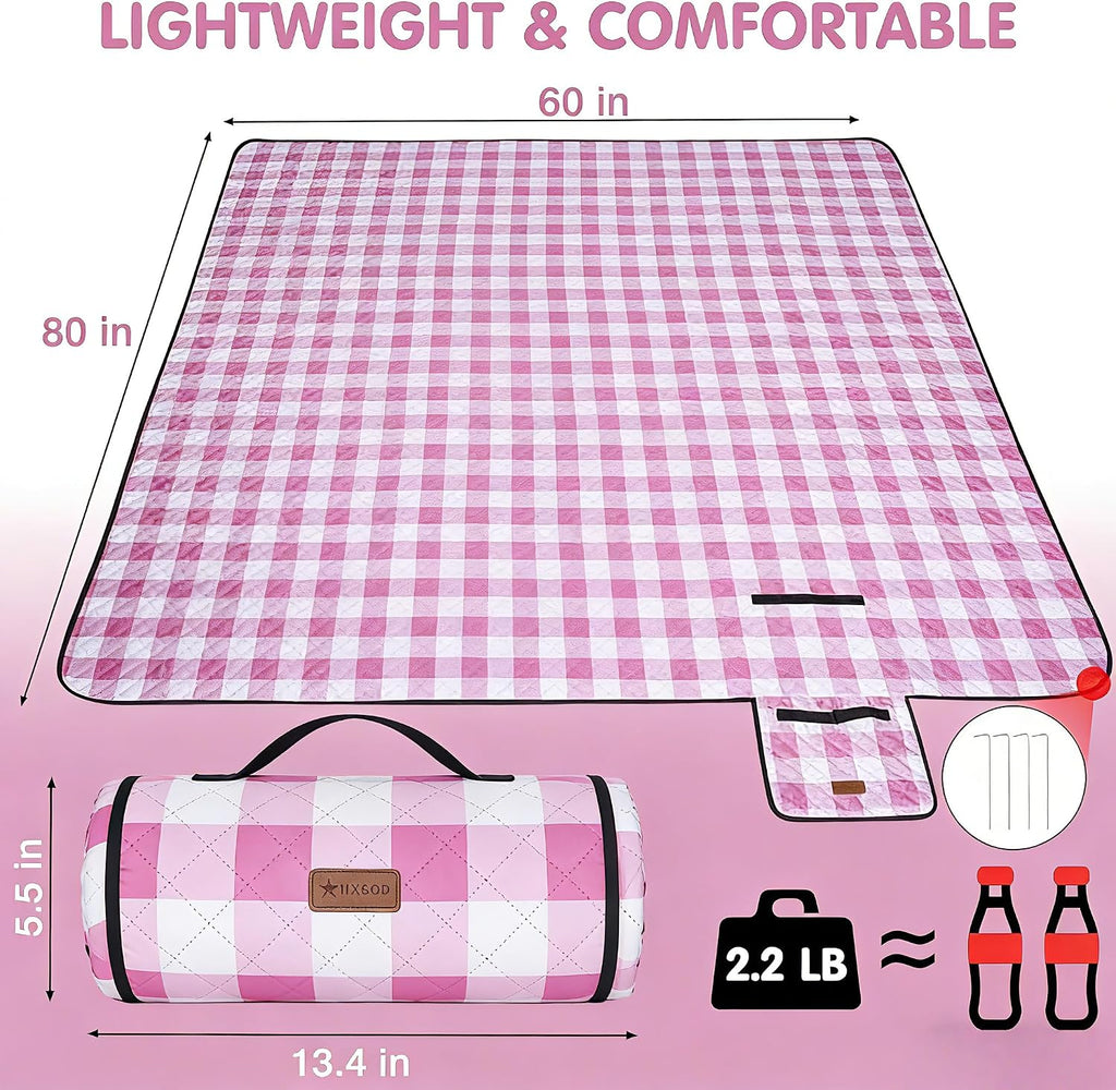 HX&OD Outdoor Picnic Blanket, Extra Large, 80''x60'' Waterproof Foldable Blankets Gingham Picnic Mat for Beach, Camping Grass Lawn Park Accessories Cute Couple Ideas Wedding (Pink, 80”x60”)