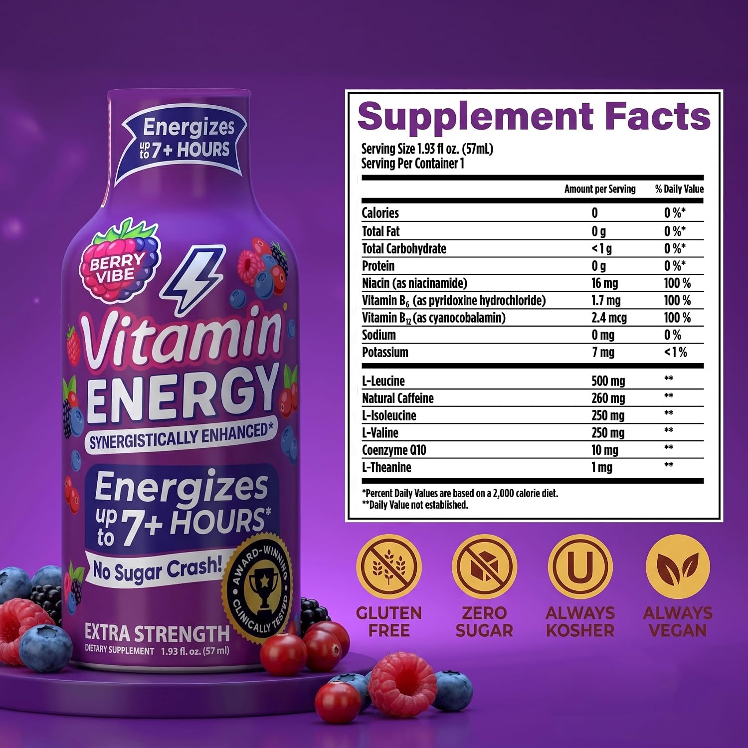 Vitamin Energy Berry Vibe Extra Strength Energy Shot, 36 Pack - Up to 7 Hrs, 260mg Natural Caffeine, Zero Sugar - BCAAs + CoQ10, Focus Support, B12 B6 Niacin, 1.93 fl oz, Keto Vegan