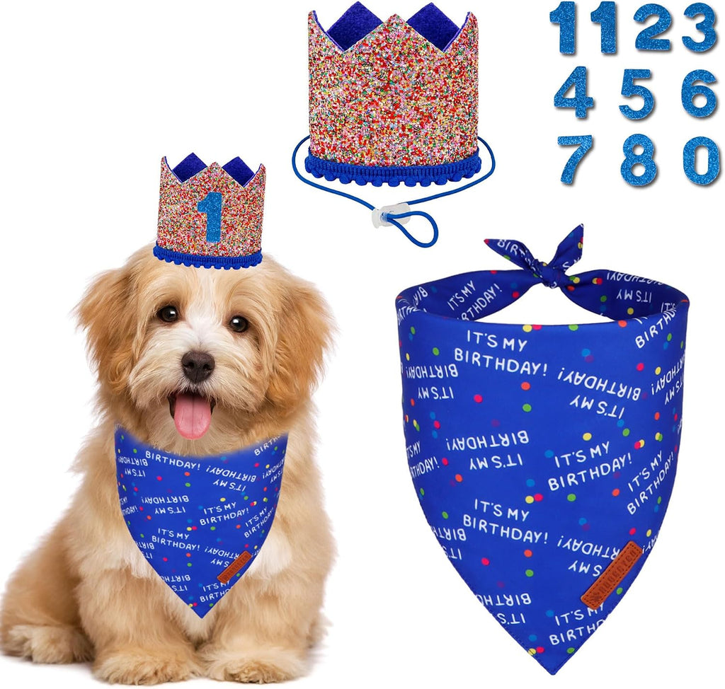 ADOGGYGO Boy Dog Birthday Hat, It's My Birthday Bandana Set, Blue, Small