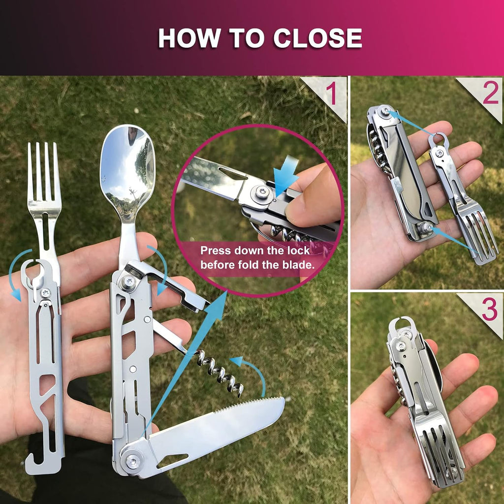 6-in-1 Camping Utensils Set with Case Folding Fork Spoon Knife