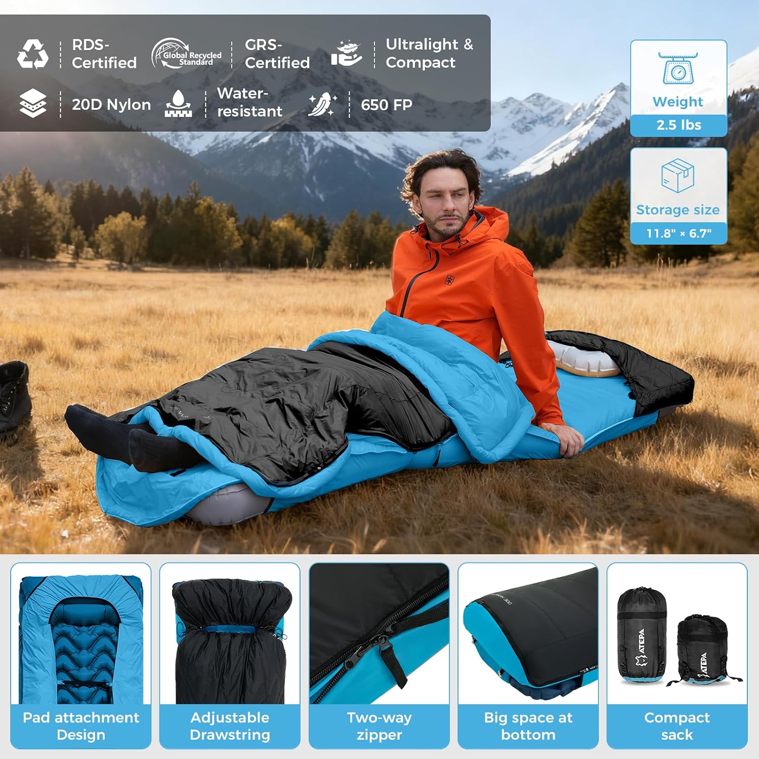 ATEPA Down Sleeping Bag, 650FP / 700FP Recycled, 3-Season
