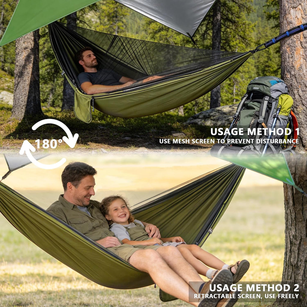 Camping Hammock with Rain Fly Tarp Mosquito Net Heavy Duty Tree Straps Portable Double Parachute Hammock Tent Waterproof Rainfly Set 660lbs Maximum Weight