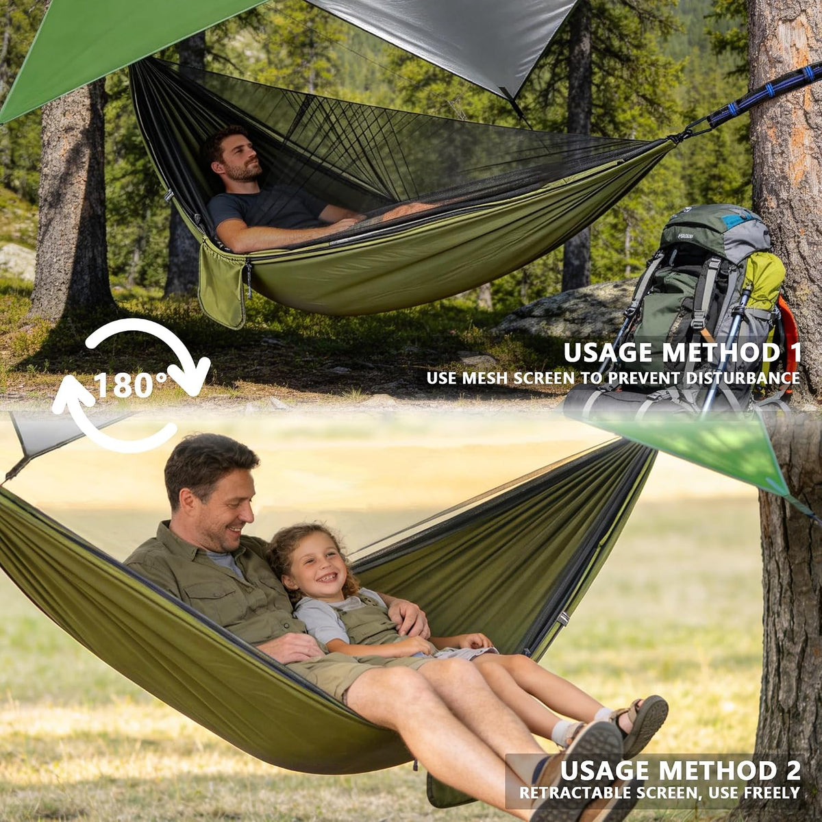 Camping Hammock with Rain Fly Tarp Mosquito Net Heavy Duty Tree Straps Portable Double Parachute Hammock Tent Waterproof Rainfly Set 660lbs Maximum Weight