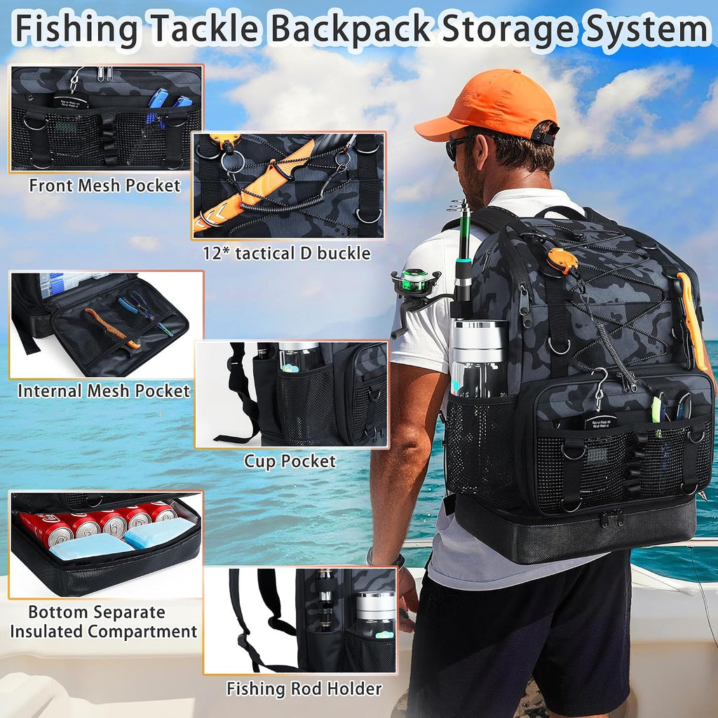 Fishing Backpack with Tackle Boxes and Rod Holder, Cooler, 30L Large Tackle Bag with Fishing Gear Lures Kit, Waterproof Bottom tackle Backpack Fish Set Gifts for Men Women-Camo Back Pack
