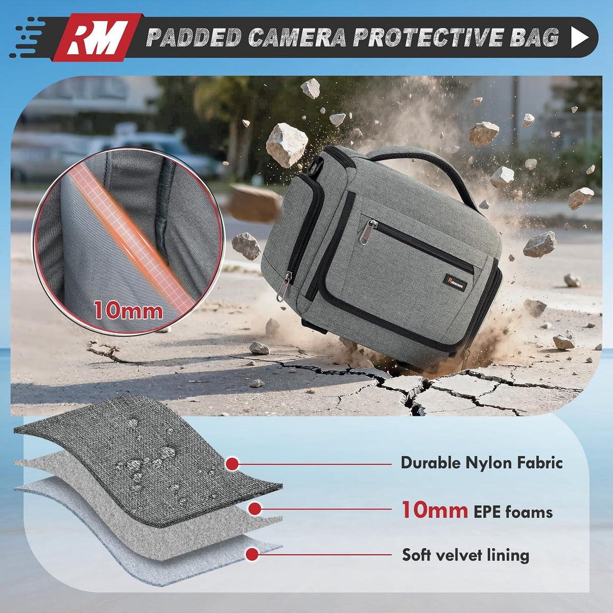 RAINSMORE Waterproof Camera Bag with Tripod Holder for Canon, Sony, Nikon, and Fujifilm – Small Sling Camera Case for Photographers, Grey