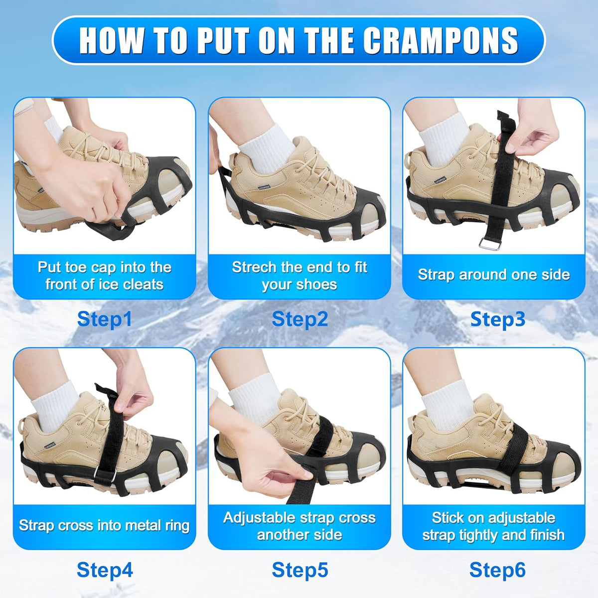 Crampons Ice Cleats for Shoes and Boots Snow Traction Cleats for Walking on Snow and Ice 9 Point Cleats Non-Slip Grippers Overshoe Silicone Stretch Footwear for Winter Hiking Climbing Ice Fishing