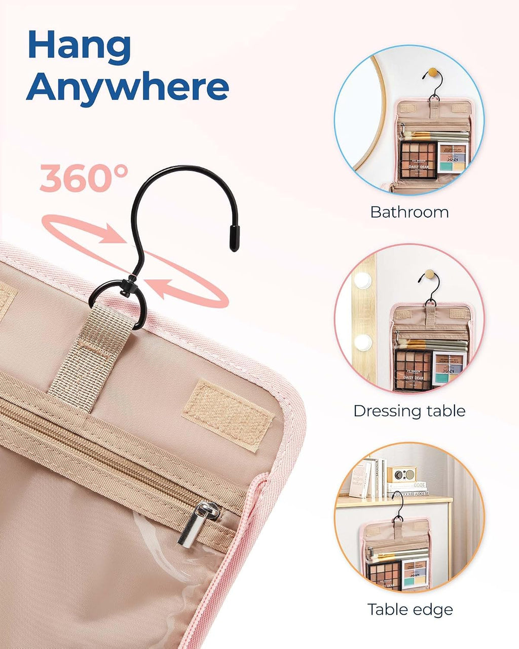 BAGSMART Makeup Bag for Women with Hanging Hook, Large Portable Capacity Water-resistant Organizer Travel Case for Toiletries and Cosmetics, Pink