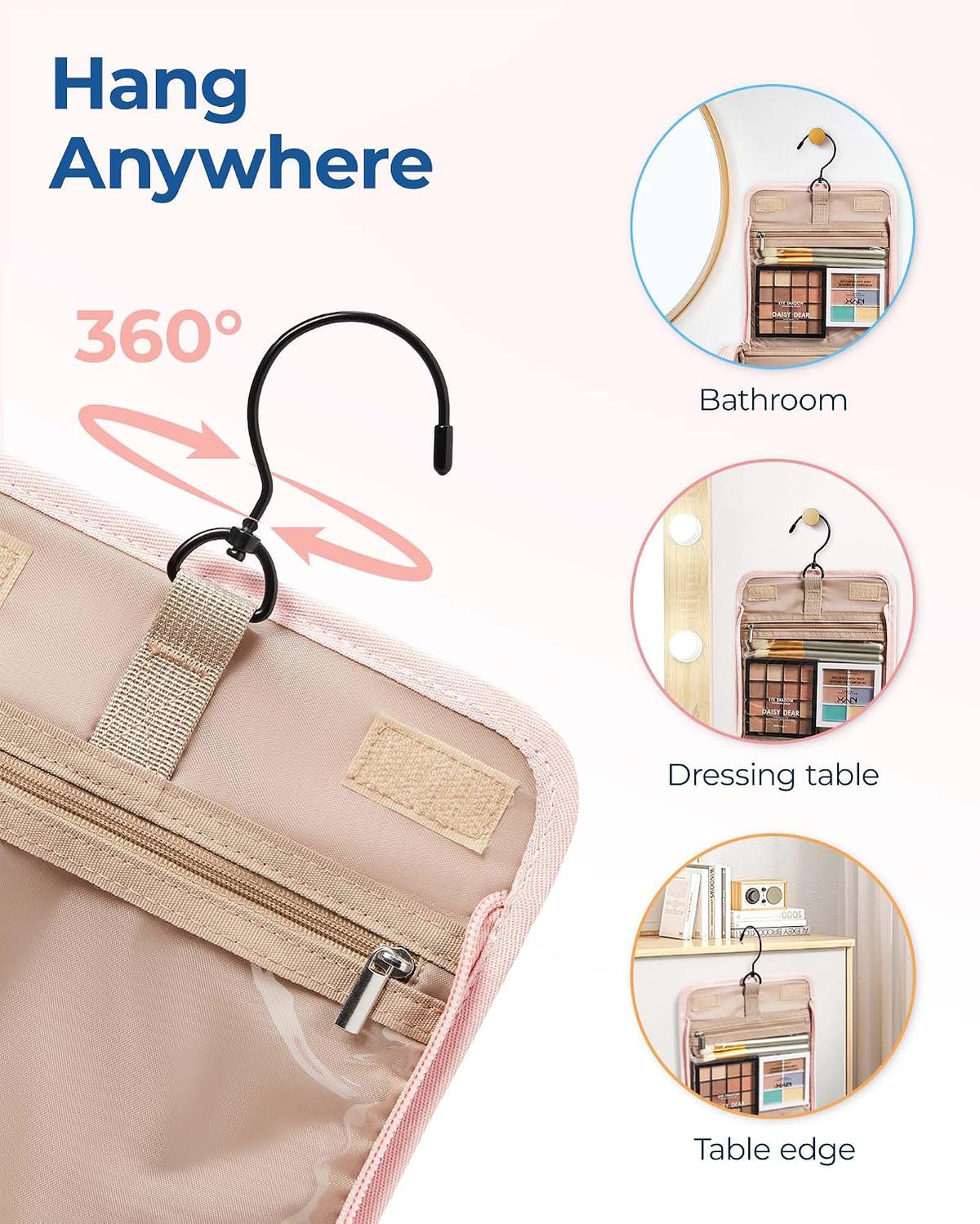 BAGSMART Makeup Bag for Women with Hanging Hook, Large Portable Capacity Water-resistant Organizer Travel Case for Toiletries and Cosmetics, Pink