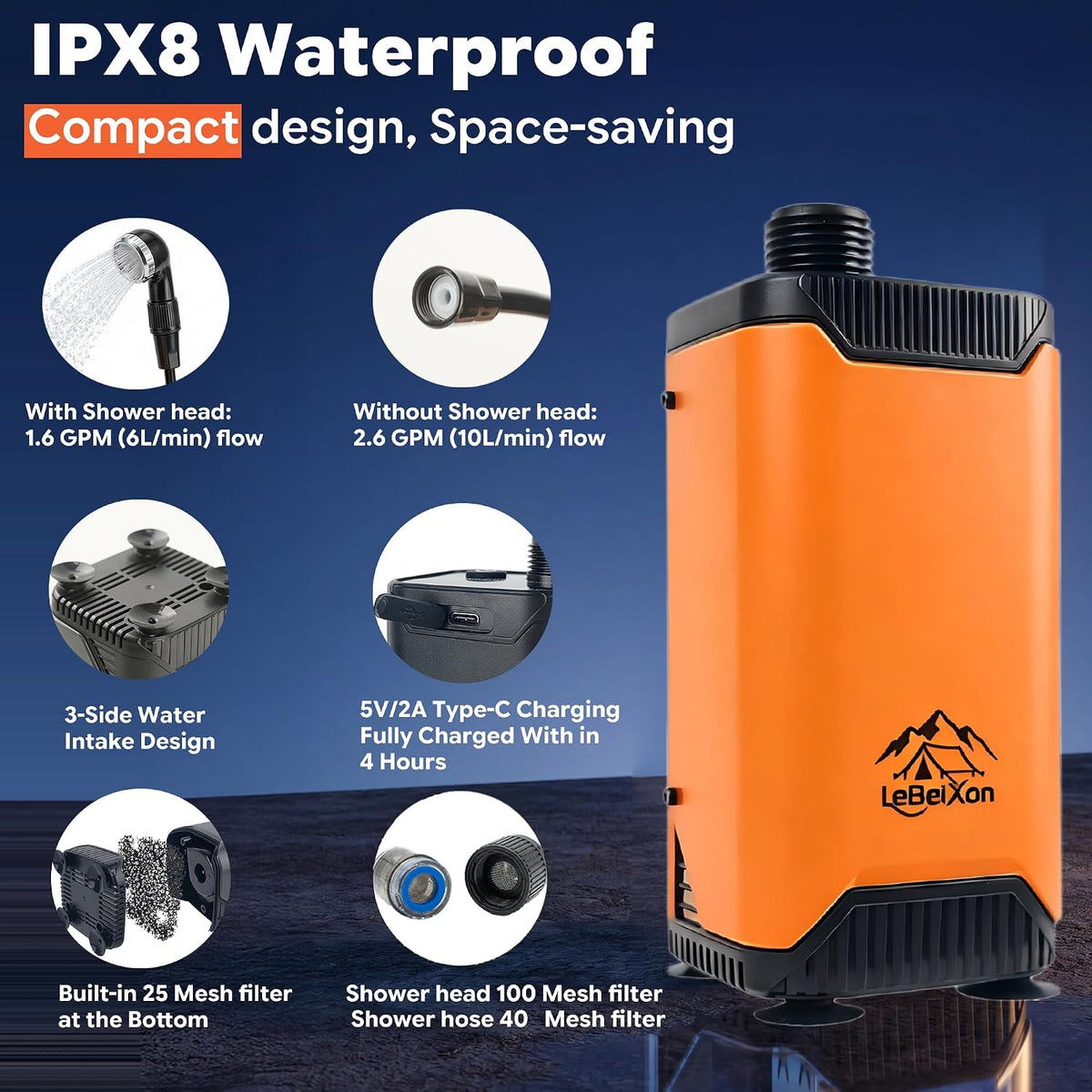 Portable Shower for Camping, Lvl.3 Filter, 12-Person Shower, 1.6GPM, IPX8