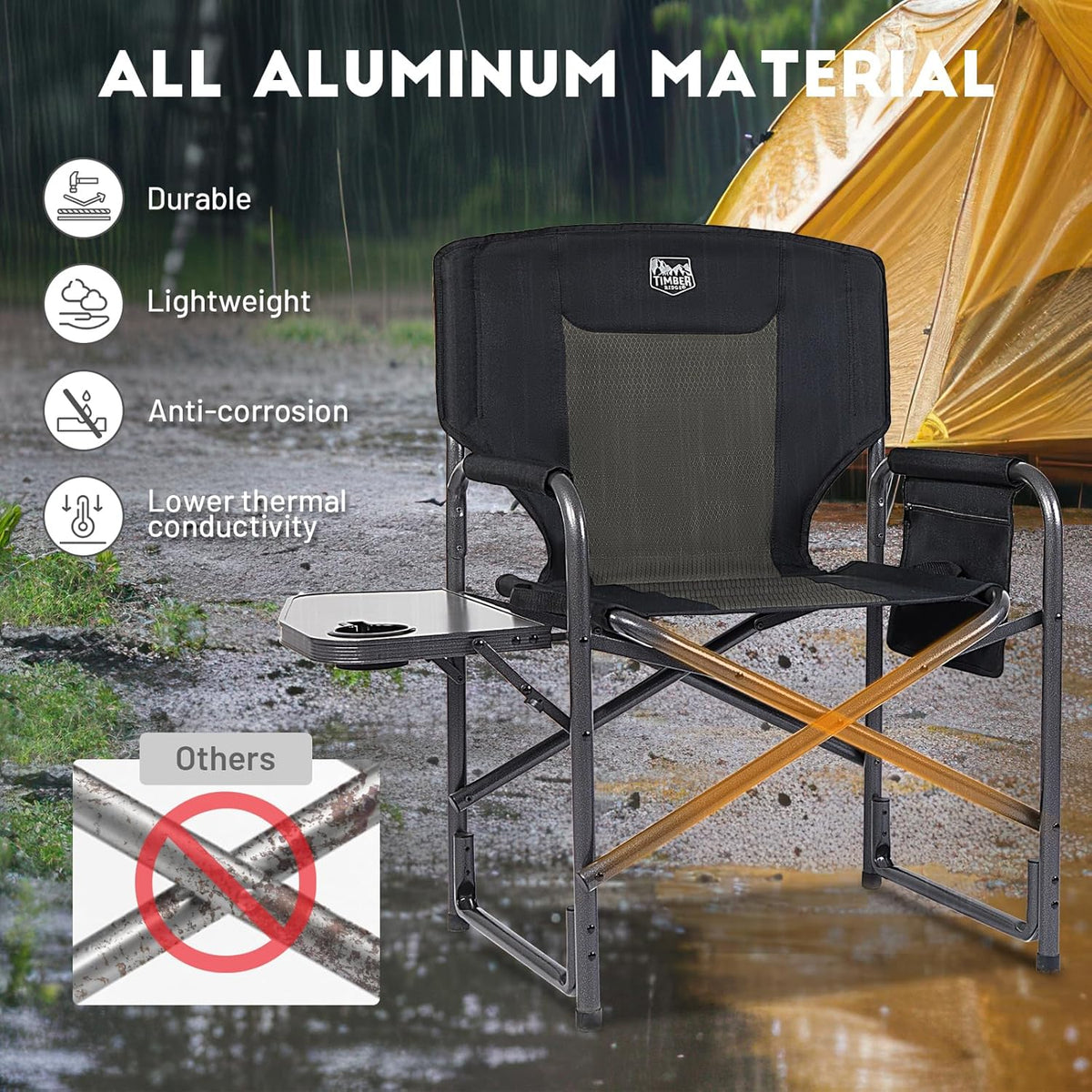 TIMBER RIDGE Aluminum Oversized Camping Chair, Lightweight Portable Directors Chair with Side Table Detachable Side Pocket for Outdoor Camping, Lawn, Picnic, Support 400lbs Black 2 Pack