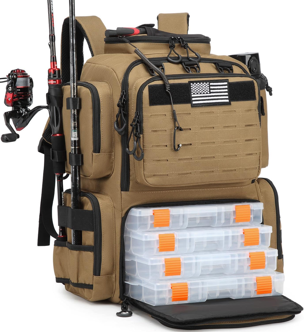 Tactical Fishing Backpack with 4 Tackle Boxes, Rod Holders & Bottle Holder